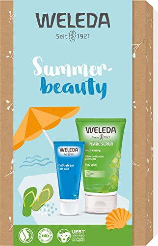 WELEDA Organic Body Care Gift Set 2023 - Natural cosmetics care gift set consisting of Pearl Scrub Peeling Birch Shower Gel & Foot Balm. Ideal for daily facial and foot care, on sale.